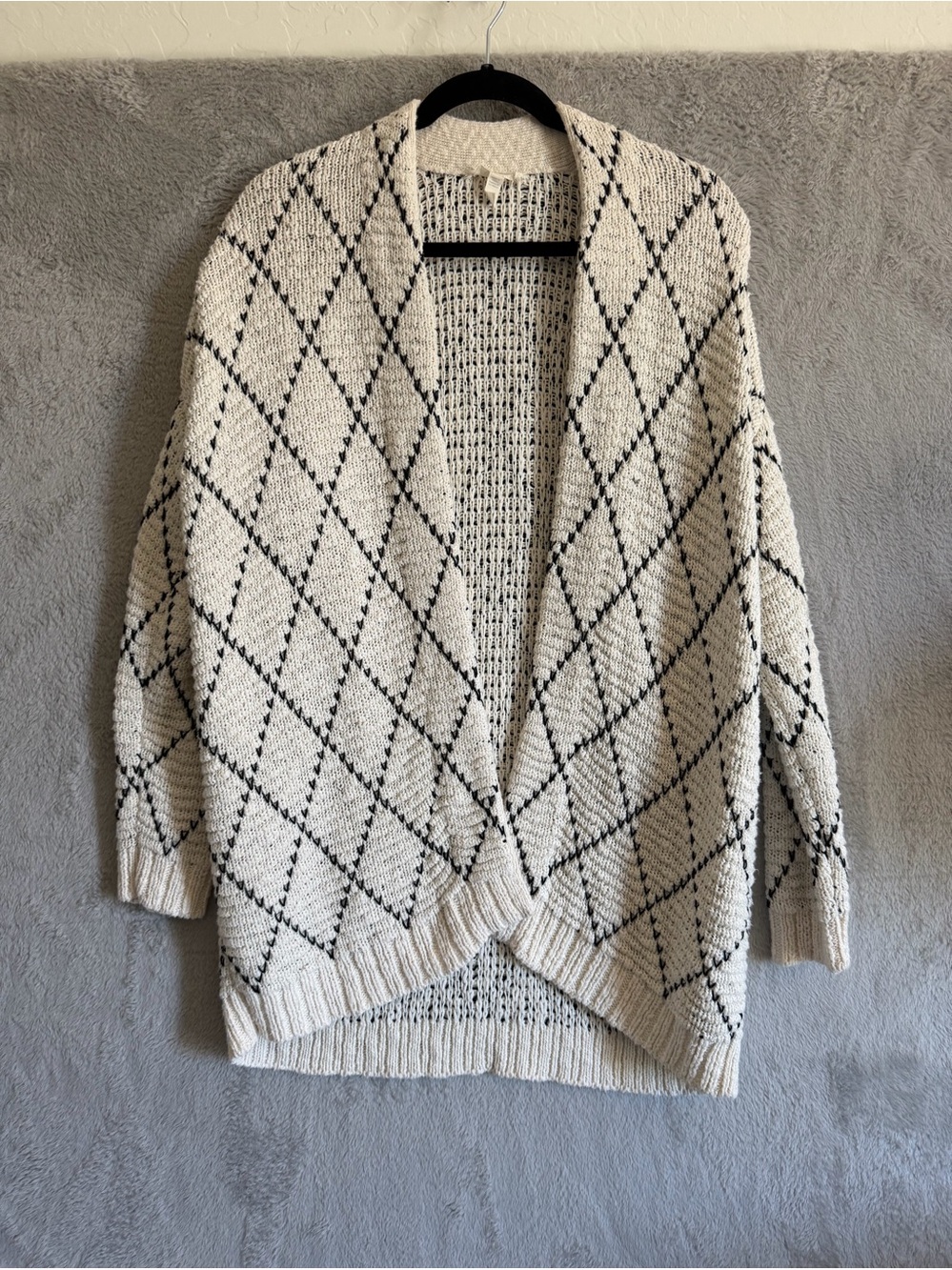 Eileen Fisher Cozy Open-Front Ivory Diamond Knit Sweater Cardigan XXS/XS